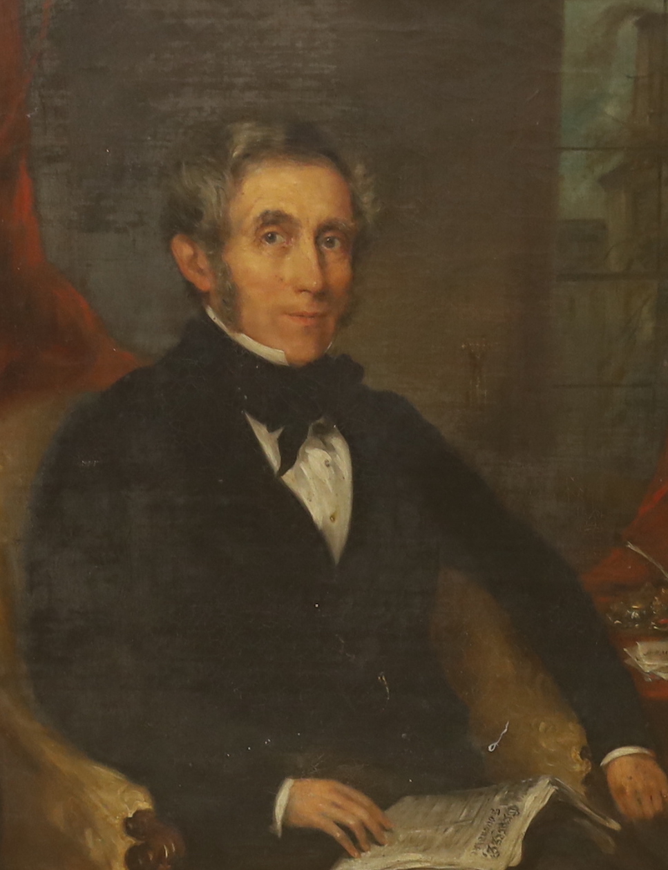 Victorian School, oil on canvas, Portrait of a seated gentleman in an interior, 44 x 34cm, ornate gilt framed